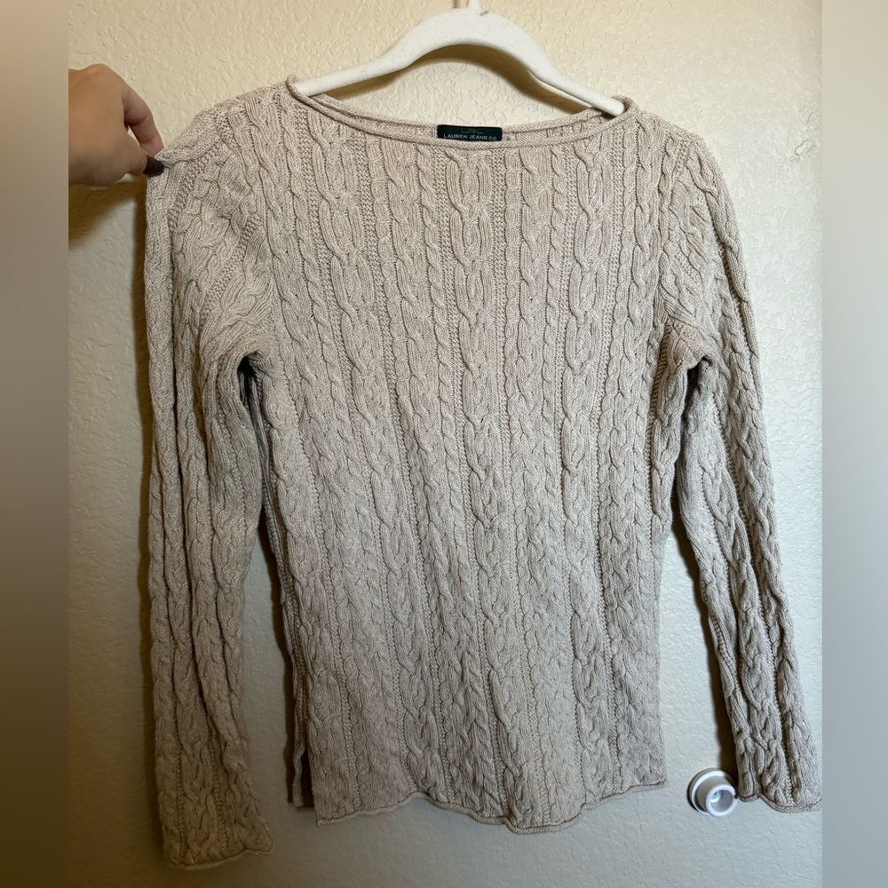 Y2K‎ Lauren Ralph Lauren Cable Knit Delicate Sweater Sz Medium Oat Tan Heathered